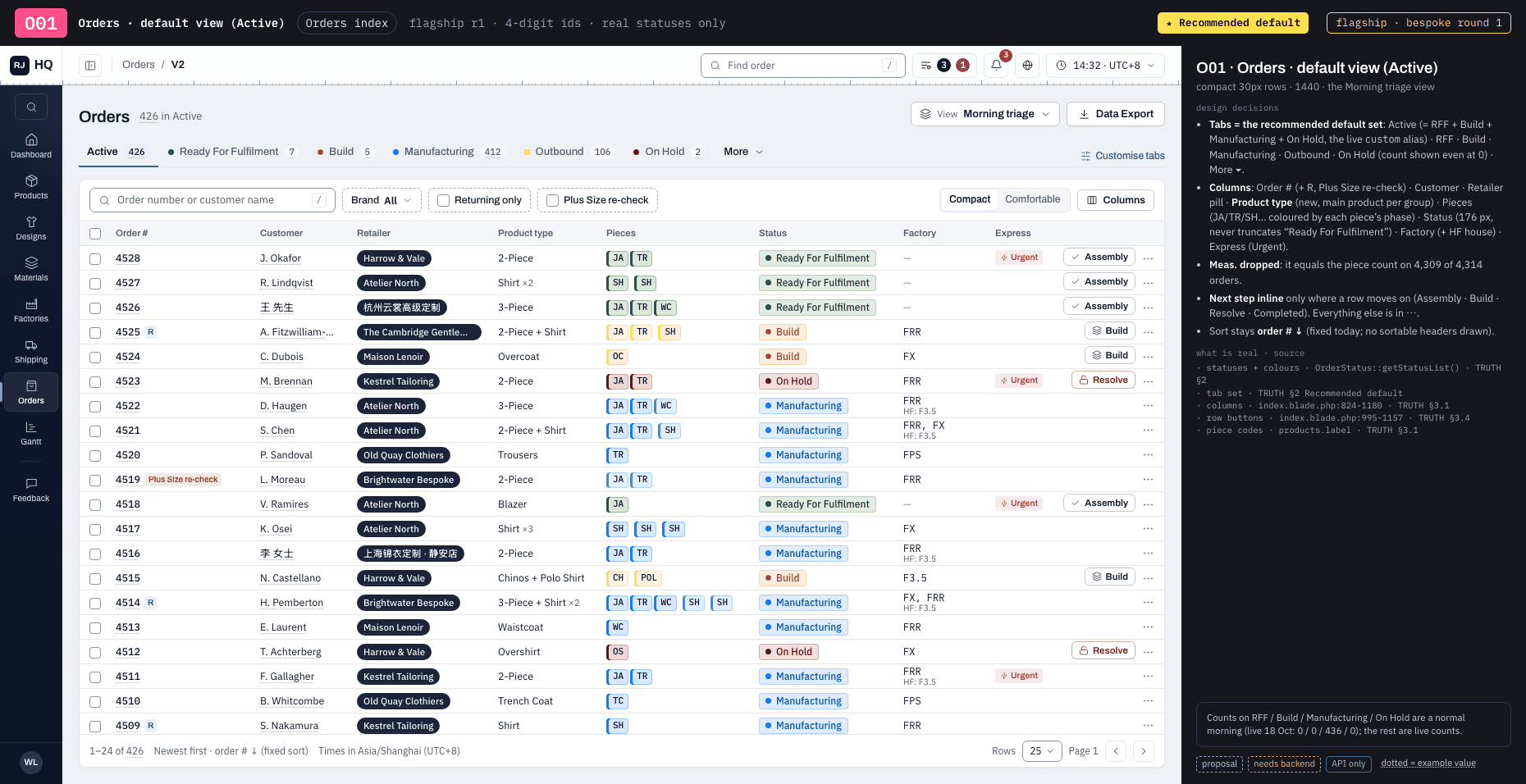O01 · Orders · default view (Active) ★