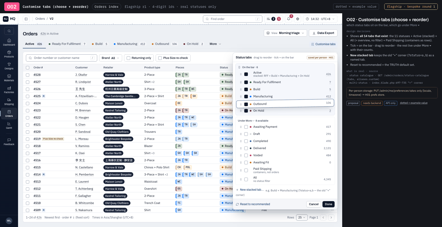 O02 · Customise tabs (choose + reorder)