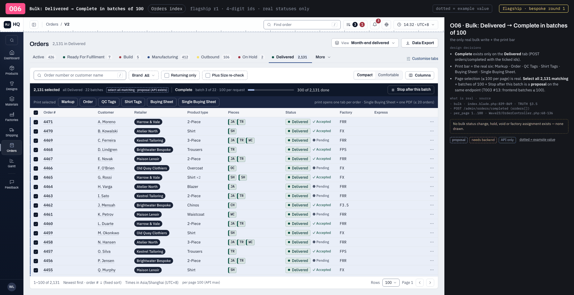 O06 · Bulk: Delivered → Complete in batches of 100