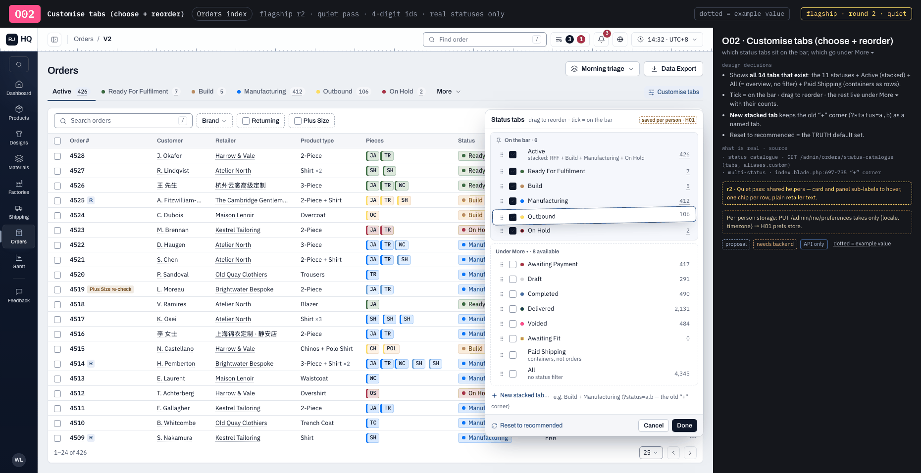 O02 · Customise tabs (choose + reorder)