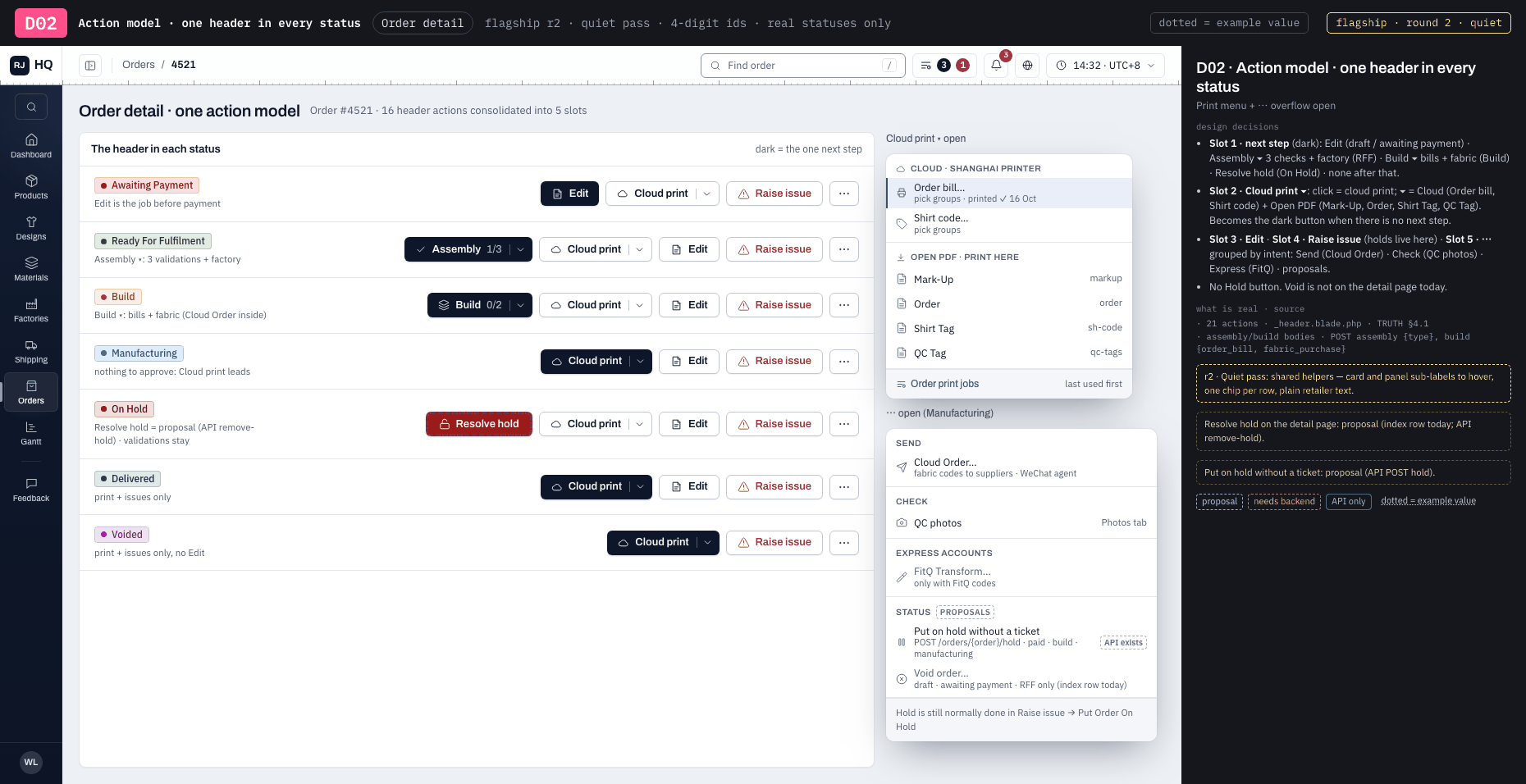 D02 · Action model · one header in every status
